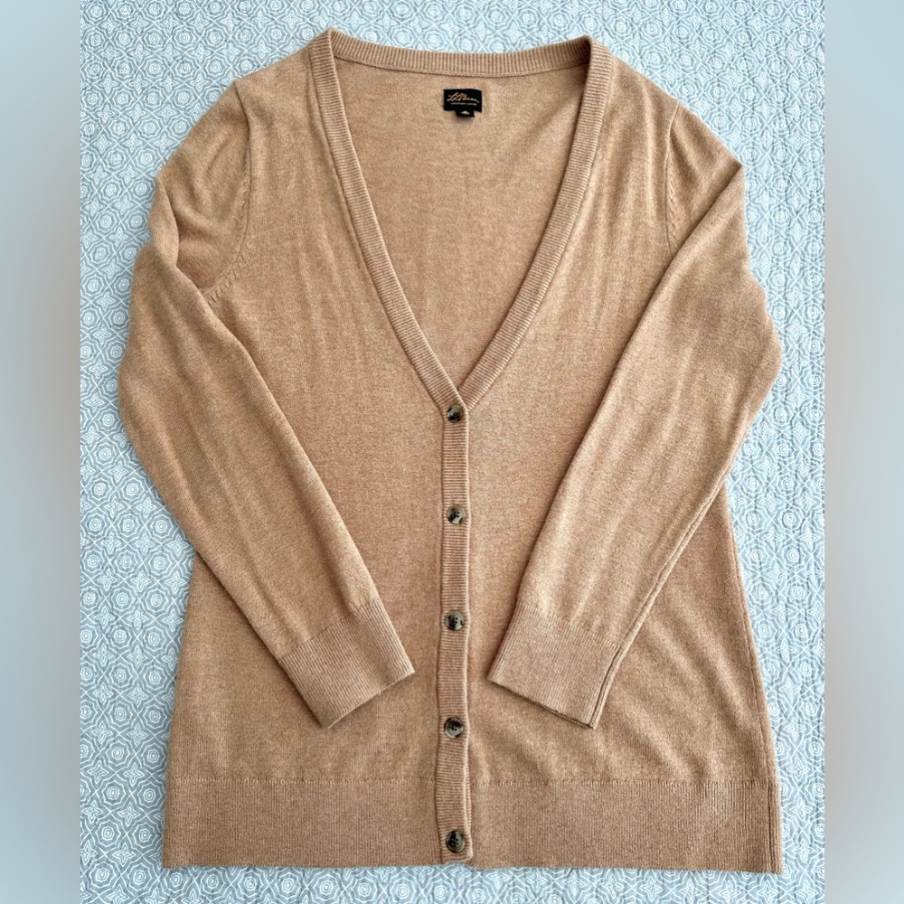 L.L. Bean Signature Wool Cotton Camel Tan Long Cardigan Sweater V-neck Size M